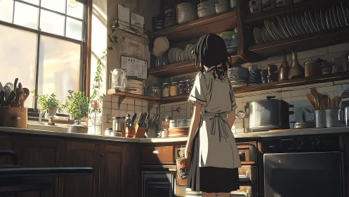 Girl in sunlit kitchen surrounded by warm wooden shelves.