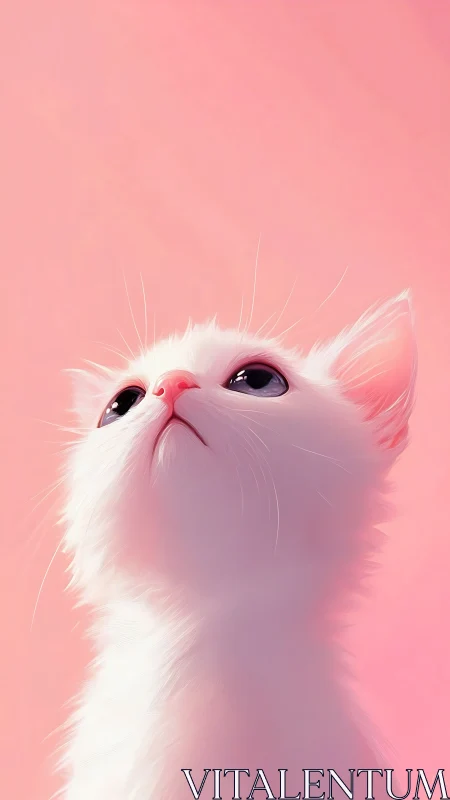 White Cat Gazing Upward Against Pink Background.