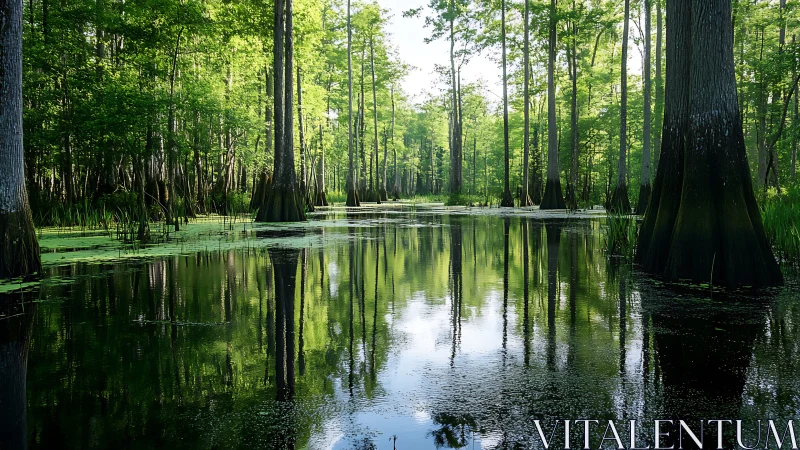 Serene Cypress Swamp Landscape with Reflections in Daylight.