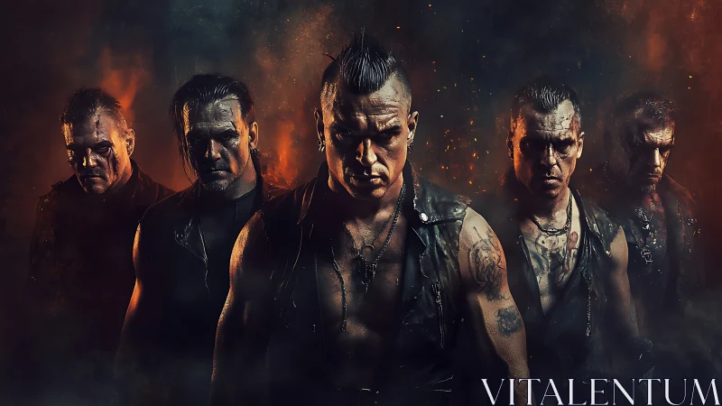 Metal band stands in ember haze with intense fierce stares.