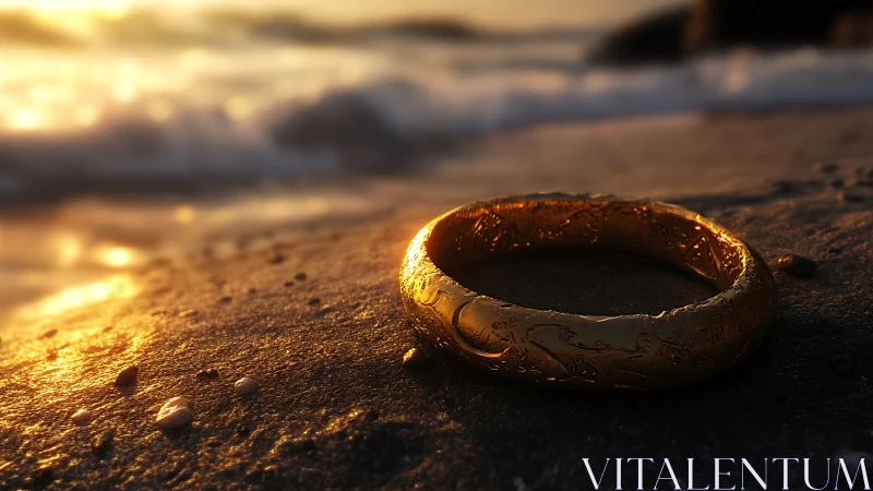Golden ring on wet beach sand at soft sunset light.
