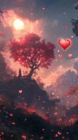 Twilight Landscape with Silhouetted Figure and Floating Heart Shapes