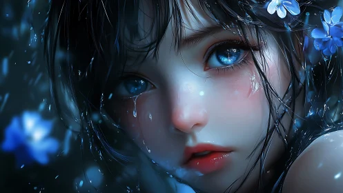 Teal eyed girl gazes through rain in luminous sorrow
