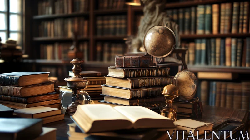 Antiquarian study desk with globes, leather folios, and statuary.