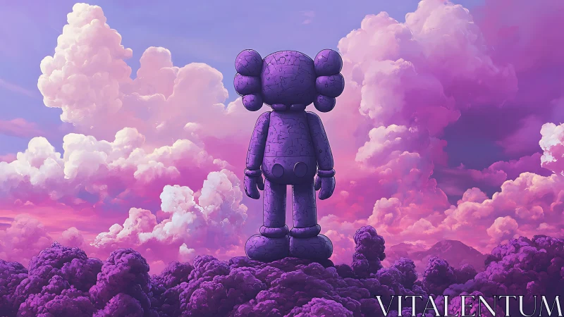 Surreal toy sculpture against magenta cumulonimbus skyscape.