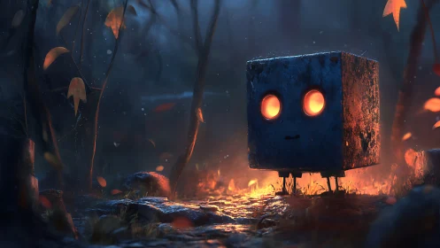 Weathered cube robot in ember lit forest clearing at dusk