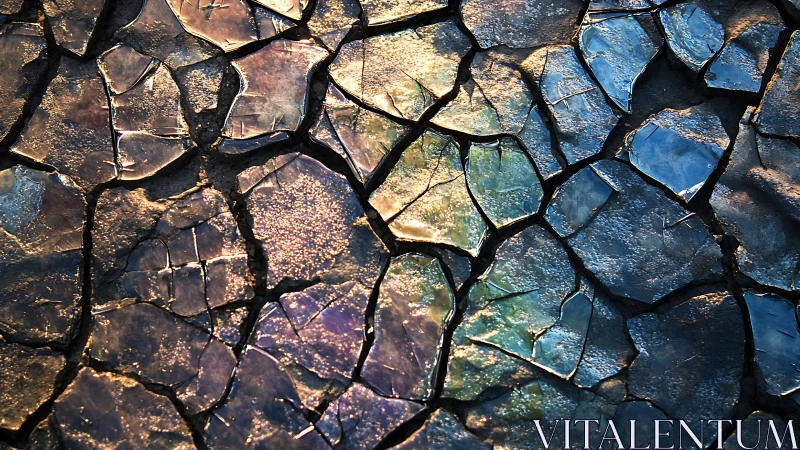 Fragmented iridescent surface shows cracked, light-reflective pattern