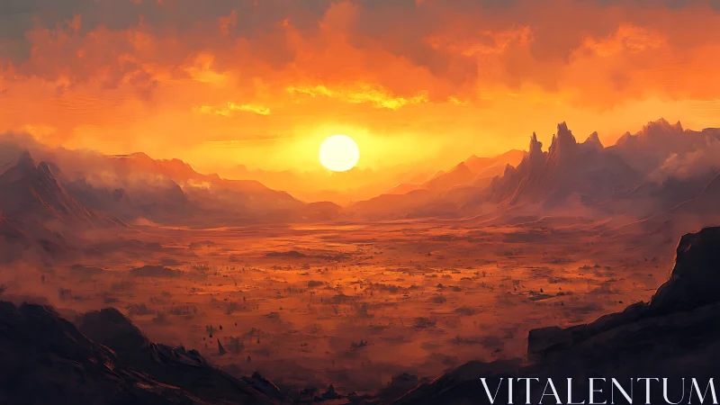 Sun dominates a vast orange desert valley at sunset