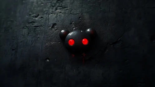 Glowing red robot eyes peer curiously from a dark wall