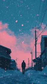 Solitary figure beneath neon snow at twilight in silence.