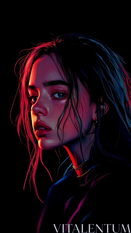 Neon-lit digital portrait of moody young woman profile.