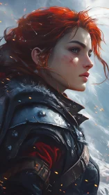 Fiery-haired warrior gazes into a stormy frozen horizon.