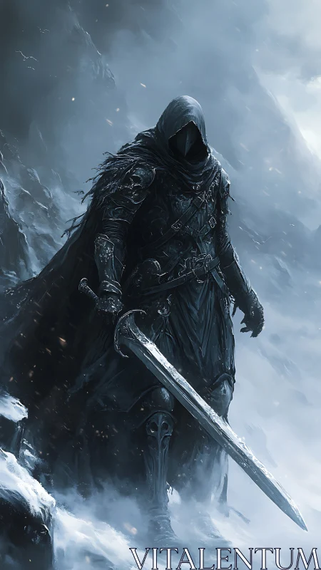 Hooded dark knight with sword in a frozen mountain storm.