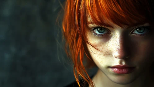 Close portrait of freckled red-haired person with teal eyes.
