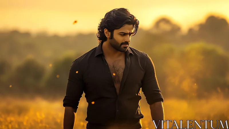 Brooding man walks through sunlit golden meadow at dusk.