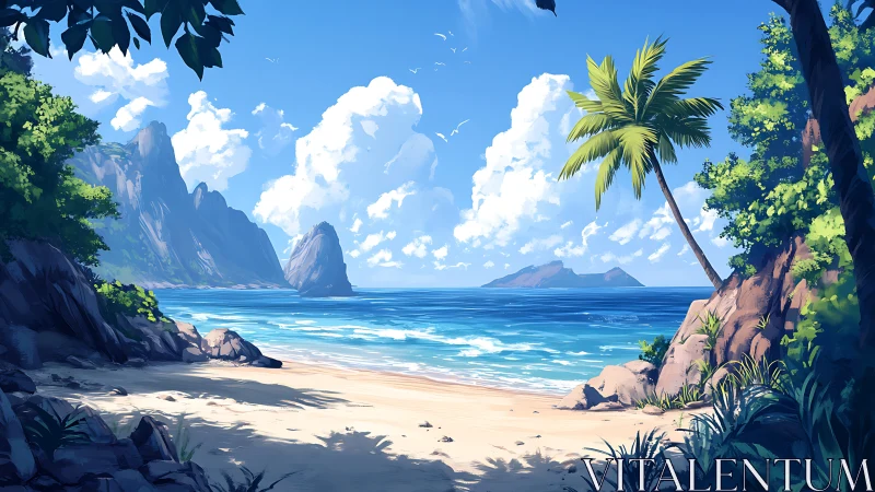 Tropical Paradise Beach with Towering Cliffs and Azure Waters