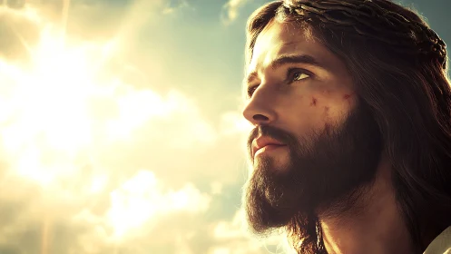 Bearded man with crown of thorns looking toward bright sun