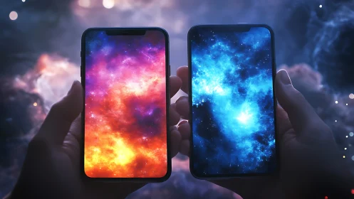 Twin galaxy phones glowing with fiery and frozen starlight.