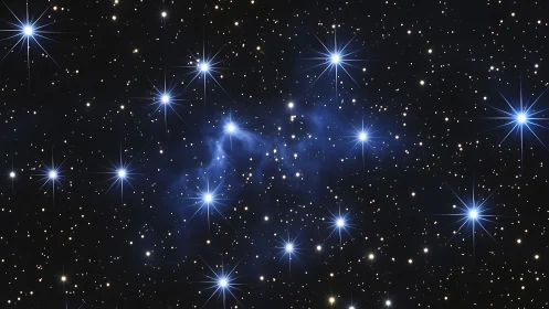 Wide-field blue reflection nebula with diffraction-spiked hot stars