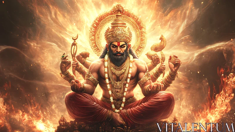 Multi-armed seated deity amid symmetrical fiery mandala background.