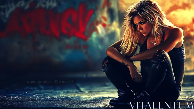 Backlit urban portrait renders crouched woman in wet alley