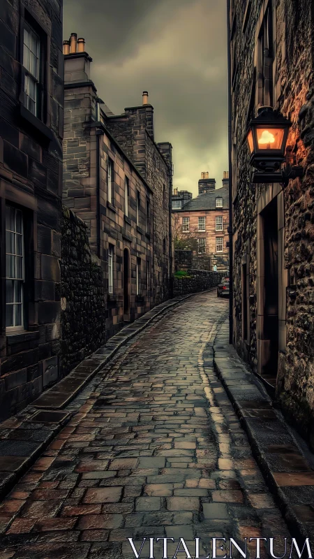 Rain-slick cobblestone alley under brooding twilight skies.
