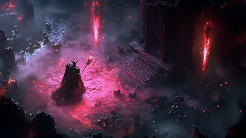 Dark sorcerer commands a hellish gateway of crimson fire.