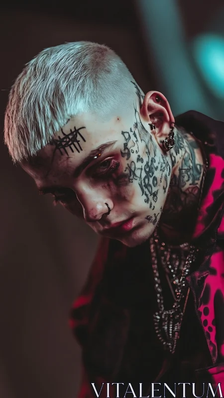 Close-up portrait of tattooed youth with silver buzz cut lighting