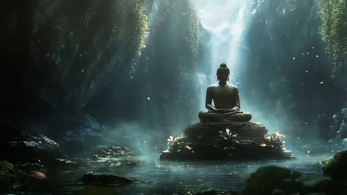 Lotus island Buddha under whispering waterfall light.