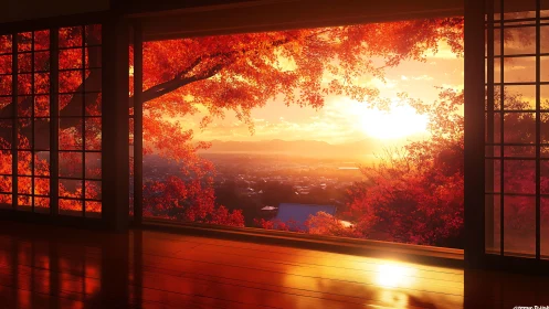 Sunlit tatami room opens onto glowing autumn valley view