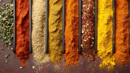 Linear arrangement of assorted ground and crushed spices.