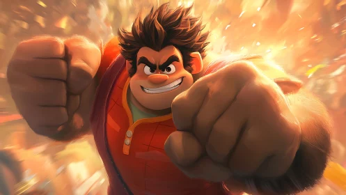 Powerful cartoon brawler lunges forward through glowing chaos