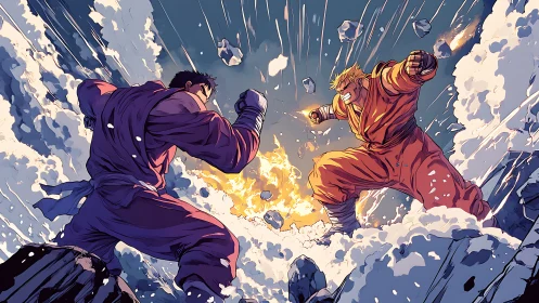 Two martial artists confront each other amid explosive impact