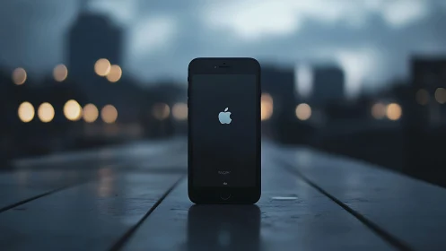 Black iPhone displaying illuminated Apple logo against urban bokeh.