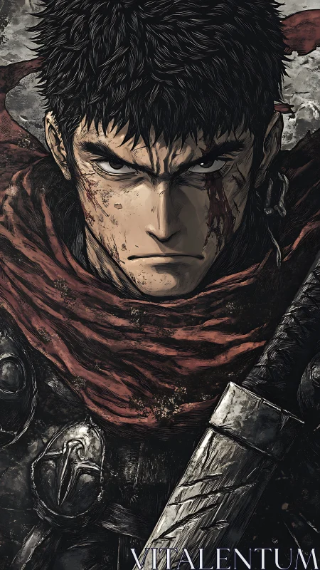 Battle-scarred warrior’s steady gaze in stormy silence.