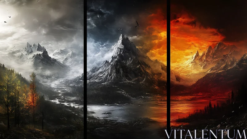 Mountain peaks sharing shifting skies of mist, dusk, and fire.