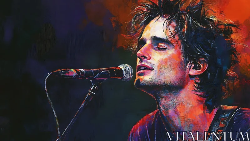 Singer in vivid digital colors at close microphone stand.