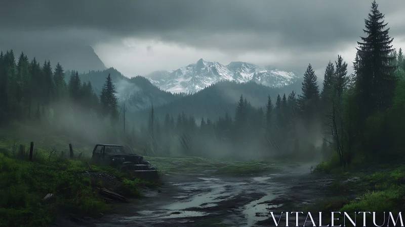 Rain-soaked conifer forest with abandoned SUV under overcast sky