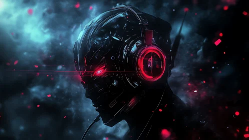 Cybernetic DJ headset glows within neon smoke storm.