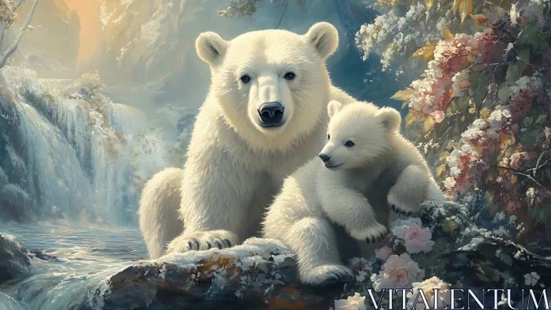 Polar bear family sharing a gentle moment by the falls.