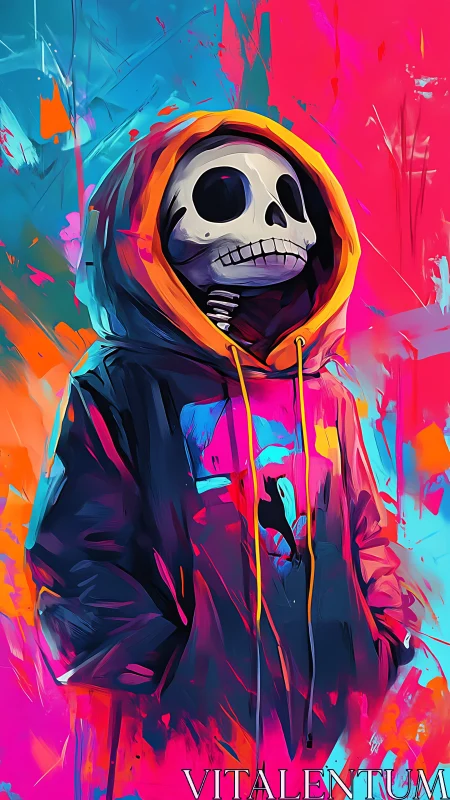 Hooded skeleton character in neon abstract street art.
