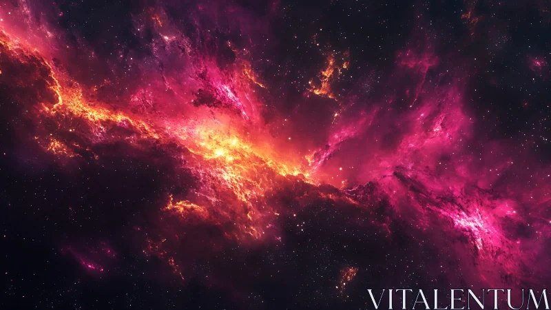 Fiery pink galactic nebula stretching across deep space.