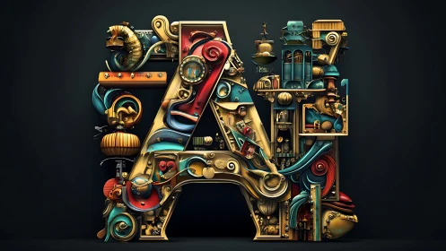 Letterform AI constructed from complex 3D mechanical elements