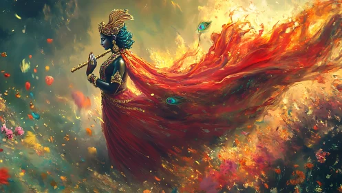 Mythic flute bearer amid turbulent chromatic vortex field.