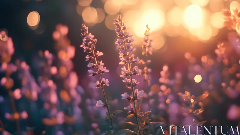 Field of Lupine Flowers with Bokeh Backlit Sunset Illumination and Depth of Field