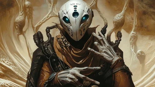 Cybernetic desert mystic with skeletal hands and mask.