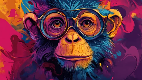 Color-saturated primate portrait with oversized eyewear.