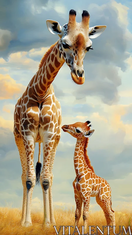 Mother giraffe and calf standing in golden grassland.