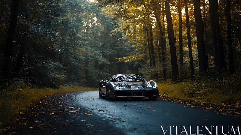 Silver sports car on empty forest road at dusk.
