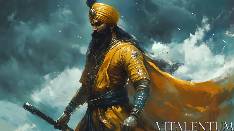 Warrior in golden turban standing against stormy sky.
